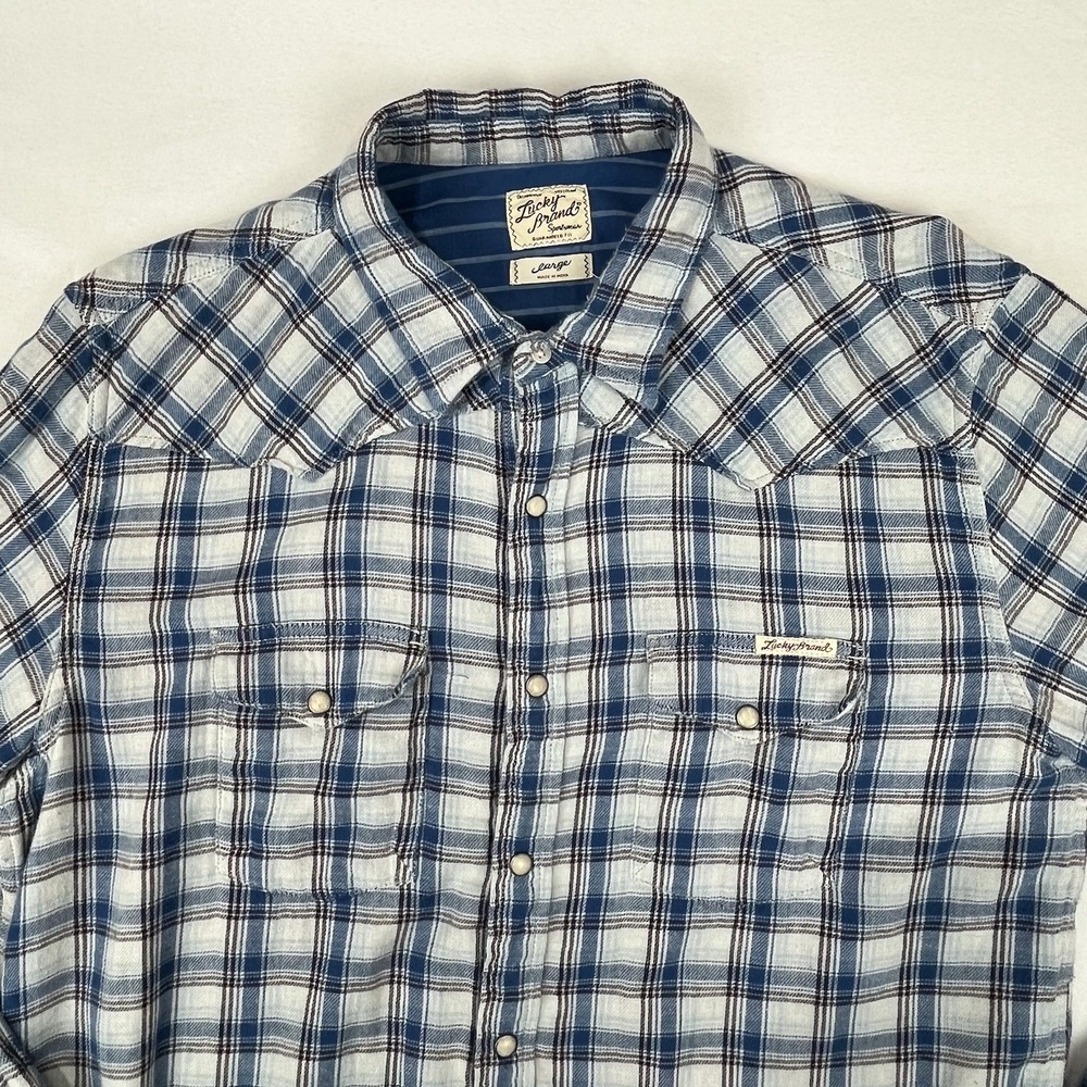 Lucky Brand Shirt Mens Large Blue Plaid Pearl Snap Flannel Cotton Western Adult
